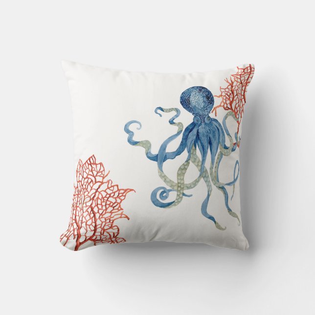 Beach Decor Red Fan Coral Blue Octopus Watercolor Throw Pillow (Front)