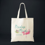 Beach destination flamingo wedding bridesmaid tote bag<br><div class="desc">Tropical watercolor pink flamingo bridesmaid sea / beach / destination wedding tote bag with aqua blue calligraphy script and editable text. Personalize it with your bridesmaid's name!</div>
