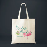Beach destination flamingo wedding bridesmaid tote bag<br><div class="desc">Tropical watercolor pink flamingo bridesmaid sea / beach / destination wedding tote bag with aqua blue calligraphy script and editable text. Personalize it with your bridesmaid's name!</div>