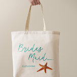 Beach destination starfish wedding bridesmaid tote bag<br><div class="desc">Starfish bridesmaid sea / beach / destination wedding tote bag with aqua blue calligraphy script and editable text. Personalize it with bridesmaid's name.</div>