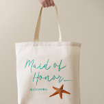 Beach destination starfish wedding maid of honour tote bag<br><div class="desc">Starfish maid of honour sea / beach / destination wedding tote bag with aqua blue calligraphy script and editable text. Personalize it with maid of honour's name.</div>