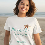 Beach destination starfish wedding maid or honour T-Shirt<br><div class="desc">Starfish maid of honour sea / beach / destination wedding t-shirt with aqua blue calligraphy script and editable text. Personalize it with maid of honour's name.</div>