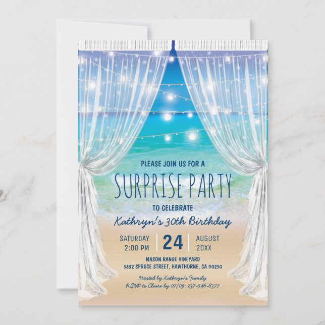 Beach Destination Surprise Birthday Party Invitation (Front)