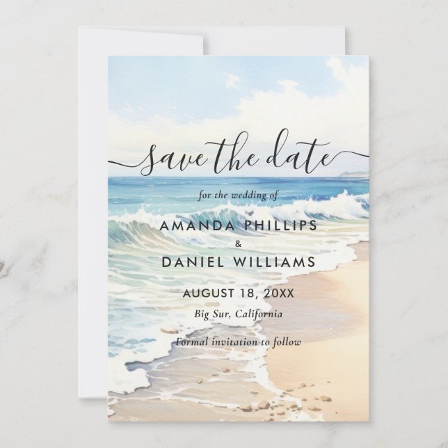 Beach Destination Watercolor Rolling Waves Wedding Save The Date (Front)