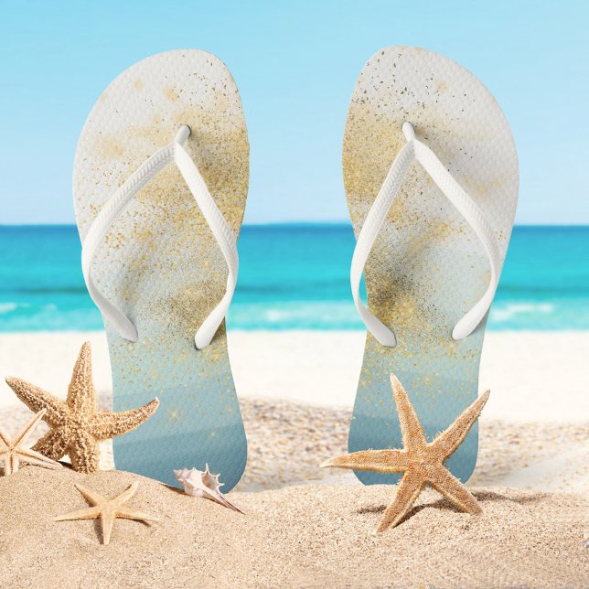 Beach Destination Wedding Blue White Gold Flip Flops (Creator Uploaded)