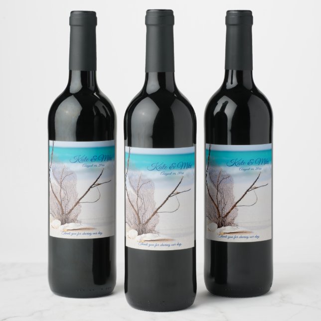 Beach Destination Wedding Coral Shells Tropical Wine Label (Bottles)
