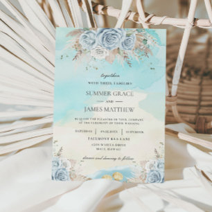 Beach Destination Wedding Pampas Grass Blue Floral Invitation