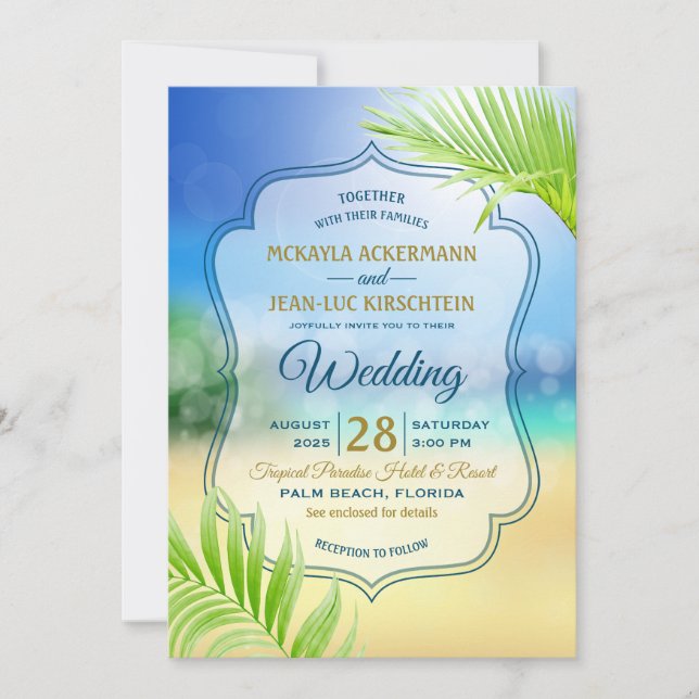 Beach Destination Wedding Tropical Palm Tree Leaf Invitation (Front)