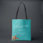 Beach destination wedding welcome blue starfish tote bag<br><div class="desc">Blue turquoise starfish welcome sea / beach / destination wedding tote bag with white calligraphy script and editable text. Personalize it with your destination and your names / date.</div>