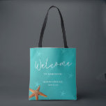 Beach destination wedding welcome blue starfish tote bag<br><div class="desc">Blue turquoise starfish welcome sea / beach / destination wedding tote bag with white calligraphy script and editable text. Personalize it with your destination and your names / date.</div>
