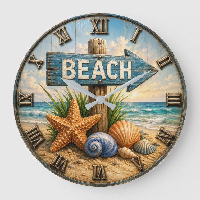 Beach Direction Sign Coastal Beach House Nautical Large Clock (Front)