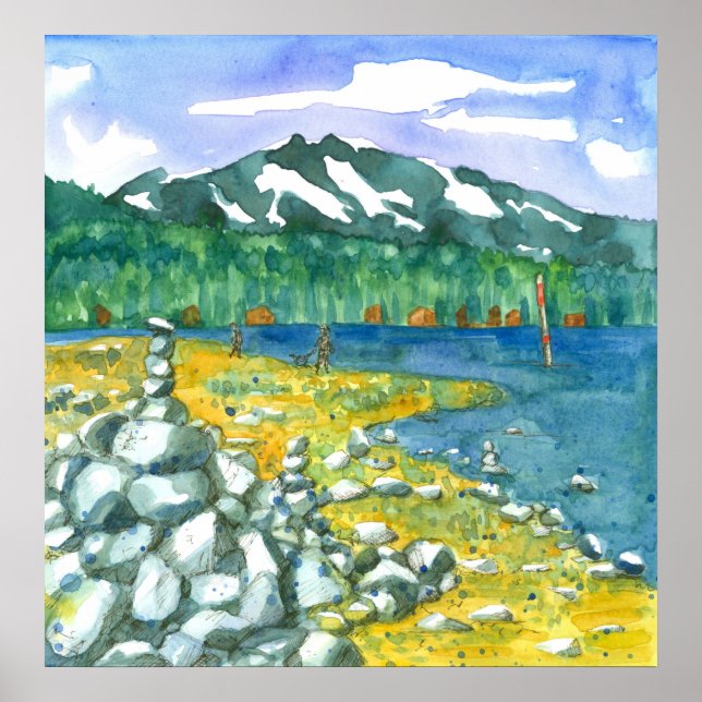 Beach Dog Walking Mountain Lake Zen Rock Cairn Poster (Front)