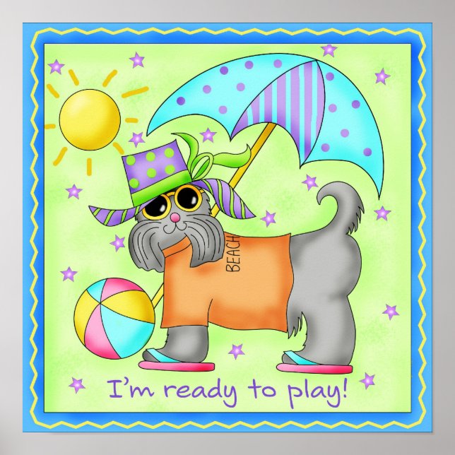 Beach Dog Whimsy Art Green Blue Poster (Front)