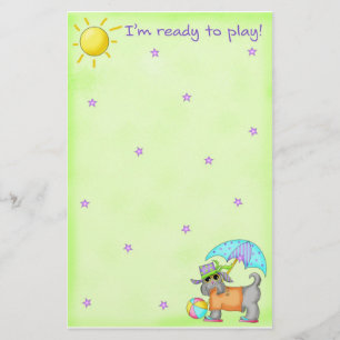 Beach Dog Whimsy Art Green Blue Stationery