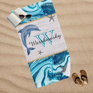 Beach Dolphin Blue Marble Family Monogram  Beach Towel