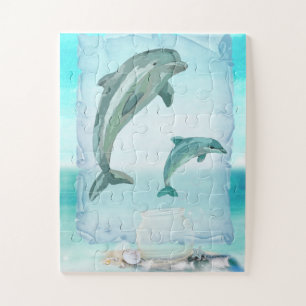 Beach Dolphins Watercolor Art Jigsaw Puzzle