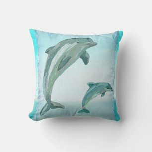 Beach Dolphins Watercolor Art Throw Pillow