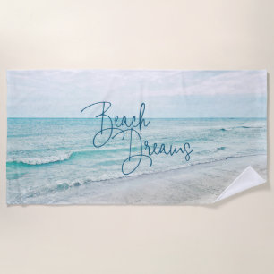 Beach Dreams Inspirational Quote Retro Ocean Waves Beach Towel