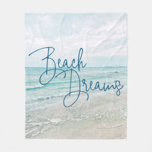 Beach Dreams Inspirational Quote Retro Ocean Waves Fleece Blanket