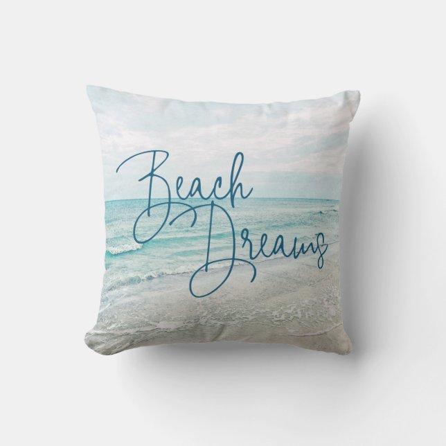 Beach Dreams Inspirational Quote Retro Ocean Waves Throw Pillow (Front)