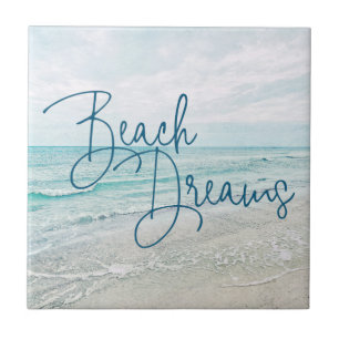 Beach Dreams Inspirational Quote Retro Ocean Waves Tile