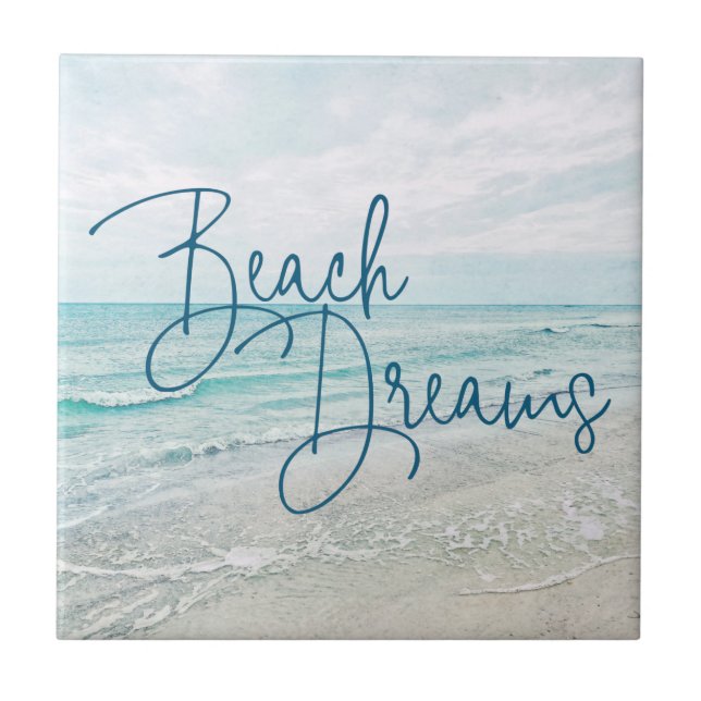 Beach Dreams Inspirational Quote Retro Ocean Waves Tile (Front)