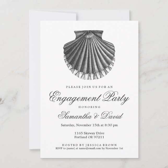 Beach Engagement Party Scallop Shell Charcoal Invitation (Front)