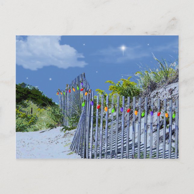 Beach Fence & Dunes Christmas Lights Holiday Postcard (Front)
