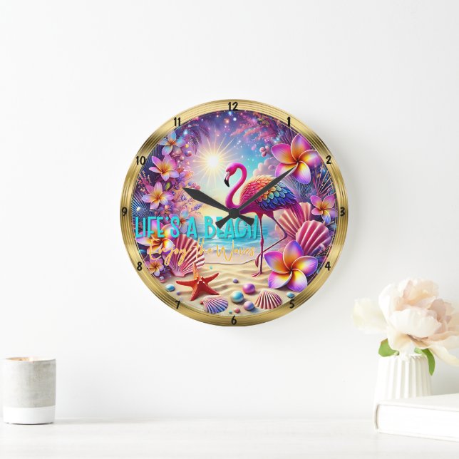 Beach Flamingo Flowers Sparkle Large Clock (Home)
