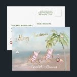 Beach Flamingo Merry Christmas Budget Postcard<br><div class="desc">Merry Christmas on this lovely Watercolor Beach -- peaceful and gentle scene with two beach chairs -- friendly flamingo with lovely wreath -- Palm tree with a few ornaments. Also available in different paper weights -- your selection. Any design questions, just send an email to charmdesignstudio@rcn.com and we'll be delighted...</div>