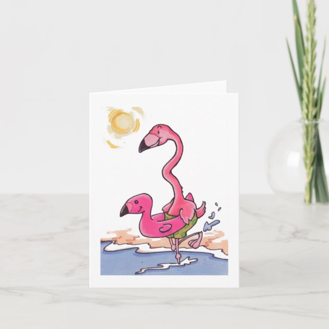 Beach Flamingo Swimming Notecard (Front)