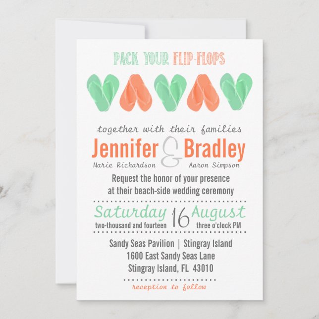 Beach Flip Flop Hearts Turquoise and Coral Wedding Invitation (Front)