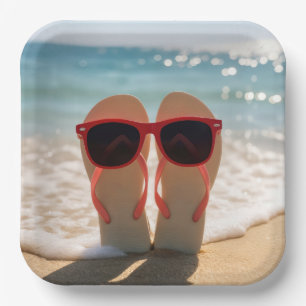 Beach Flip-flops with Red Sunglasses Paper Plate