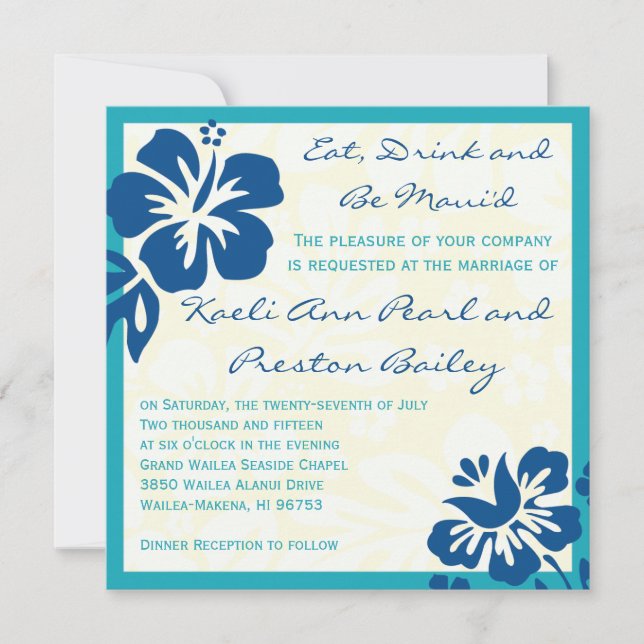 Beach Flowers Shades of Blue Wedding Invitation (Front)