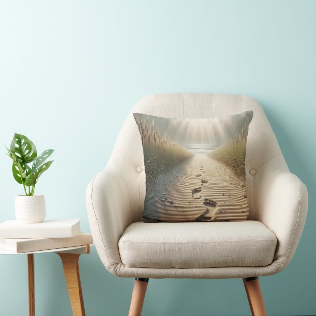 Beach Footprints In Sand With Sunbeams Throw Pillow (Chair)