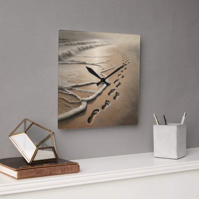 Beach Footprints With Ocean Froth Square Wall Clock (Office)