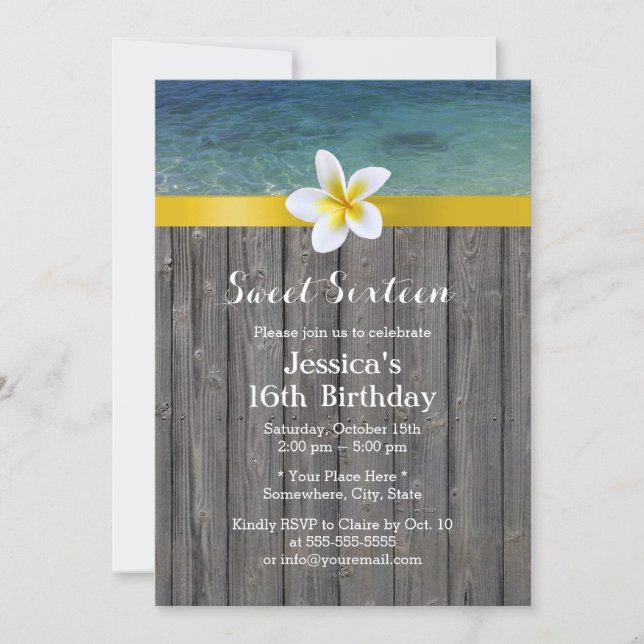 Beach & Frangipani Flower Wood Background Sweet 16 Invitation (Front)