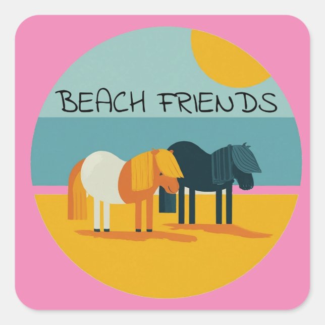 Beach Friends Pony Personalize Name Square Sticker (Front)