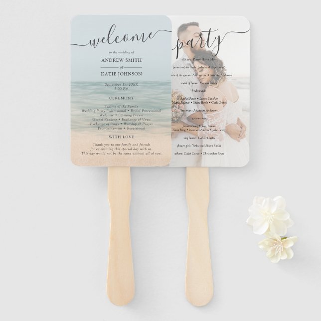 Beach Front Vintage Hawaiian Wedding Program Hand Fan (Front and Back)