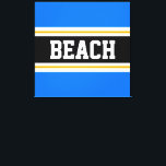 BEACH Fun Bright Blue Black White Yellow Stripes Canvas Print<br><div class="desc">This colourful sporty design features bold BEACH text inside a wide black horizontal centre stripe with white and golden yellow racing stripes against bright blue outer stripes.   The text can be personalized.</div>