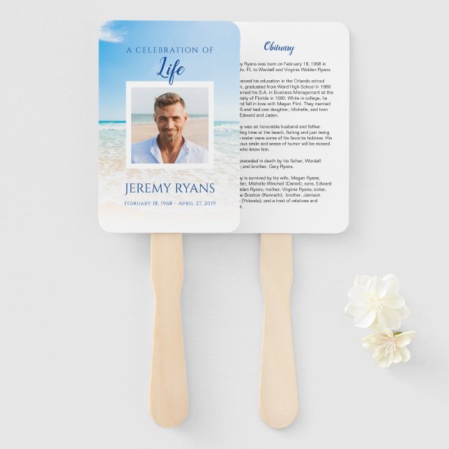Beach Funeral Memorial Hand Fan (Front and Back)