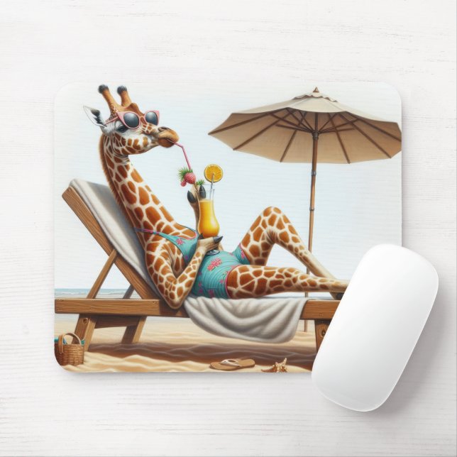 Beach Giraffe Drinking A Cocktail Mouse Pad (With Mouse)
