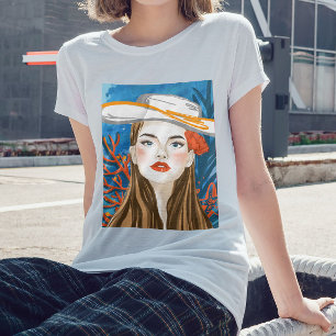 Beach Girl Blue Orange Graphic Printed T-Shirt