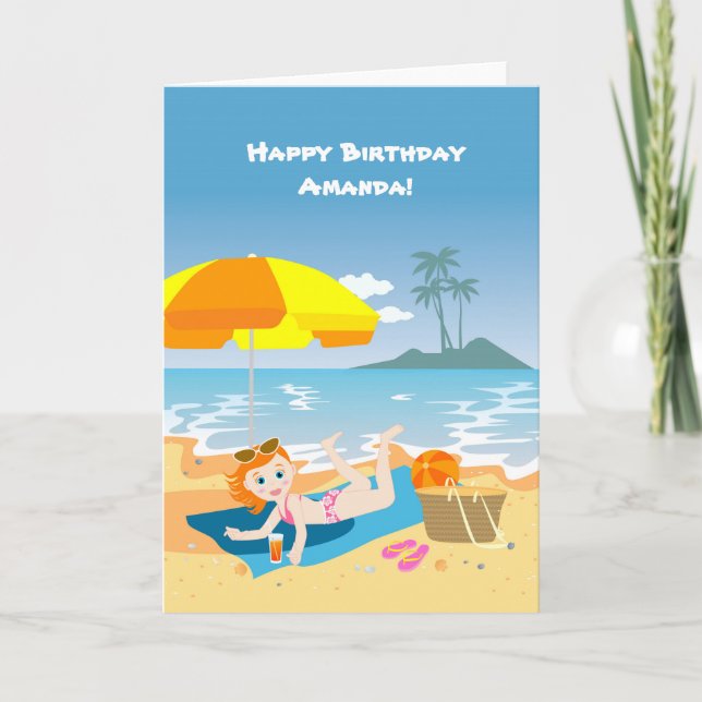 Beach girl summer birthday greetings card (Front)