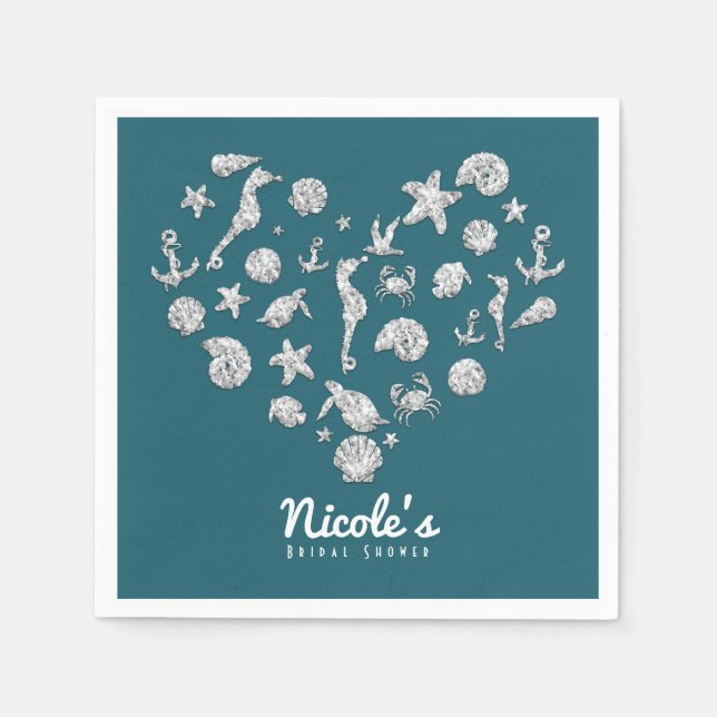 Beach Glam Diamond Heart Bridal Shower Wedding Napkin (Front)