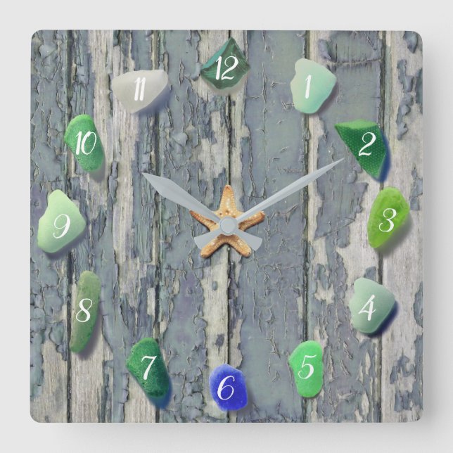 Beach Glass Coastal Decor Driftwood Blue Green Square Wall Clock (Front)