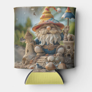 Beach gnome sitting on a beach throne can cooler