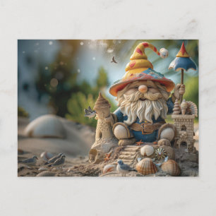 Beach gnome sitting on a beach throne postcard