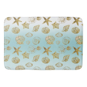 Beach Gold Sea Shells Aqua Blue Ombre   Bath Mat