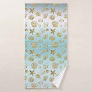 Beach Gold Sea Shells Aqua Blue Ombre  Bath Towel
